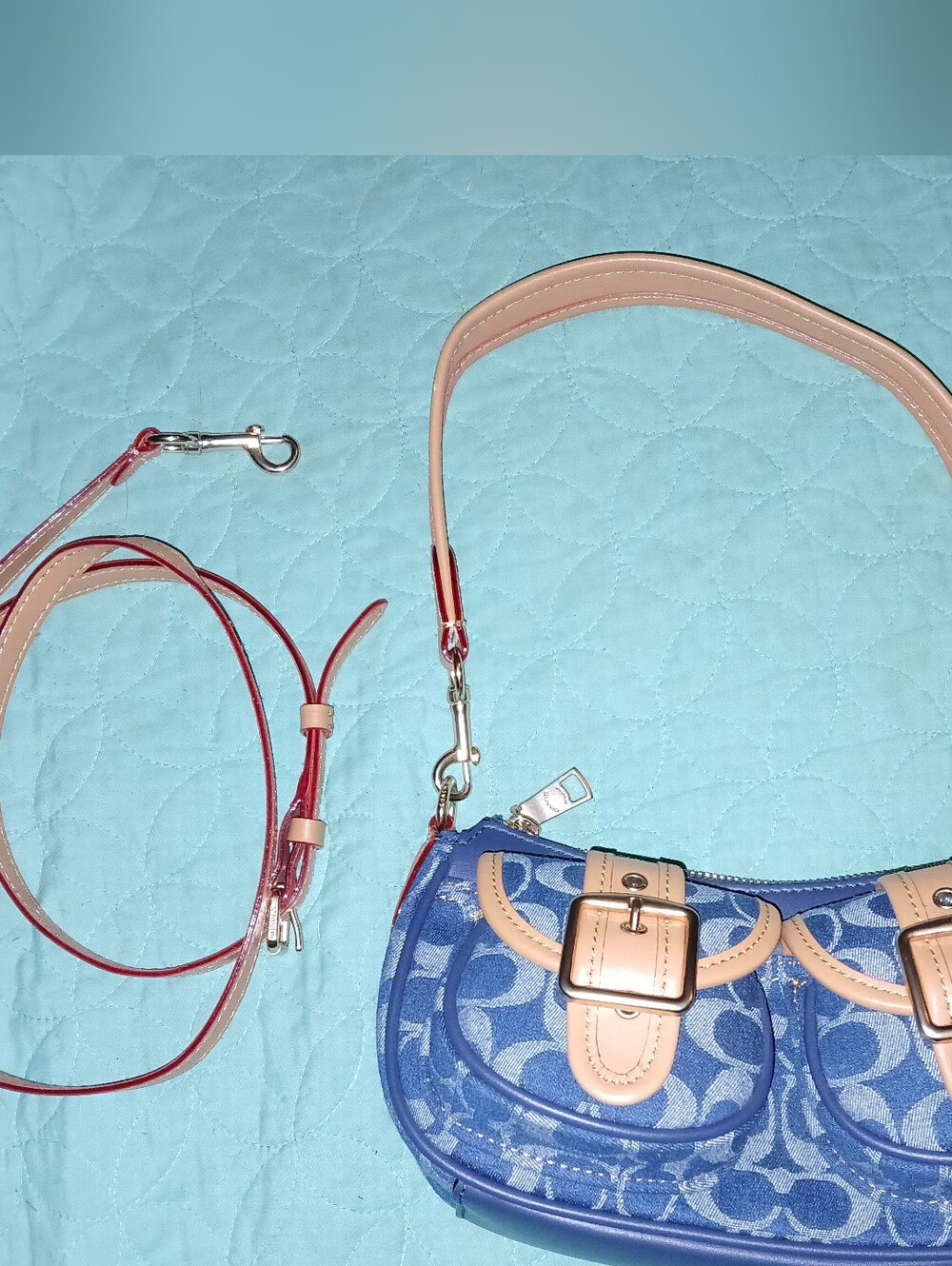 Coach Denim Signature Jacquard Ashton Shoulder Bag with Tan Trim